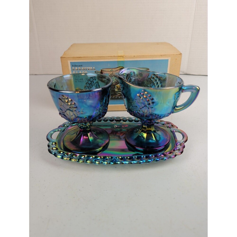 Indiana Glass Co. Carnival Glass Sugar Creamer Tray Set w/ Original Box